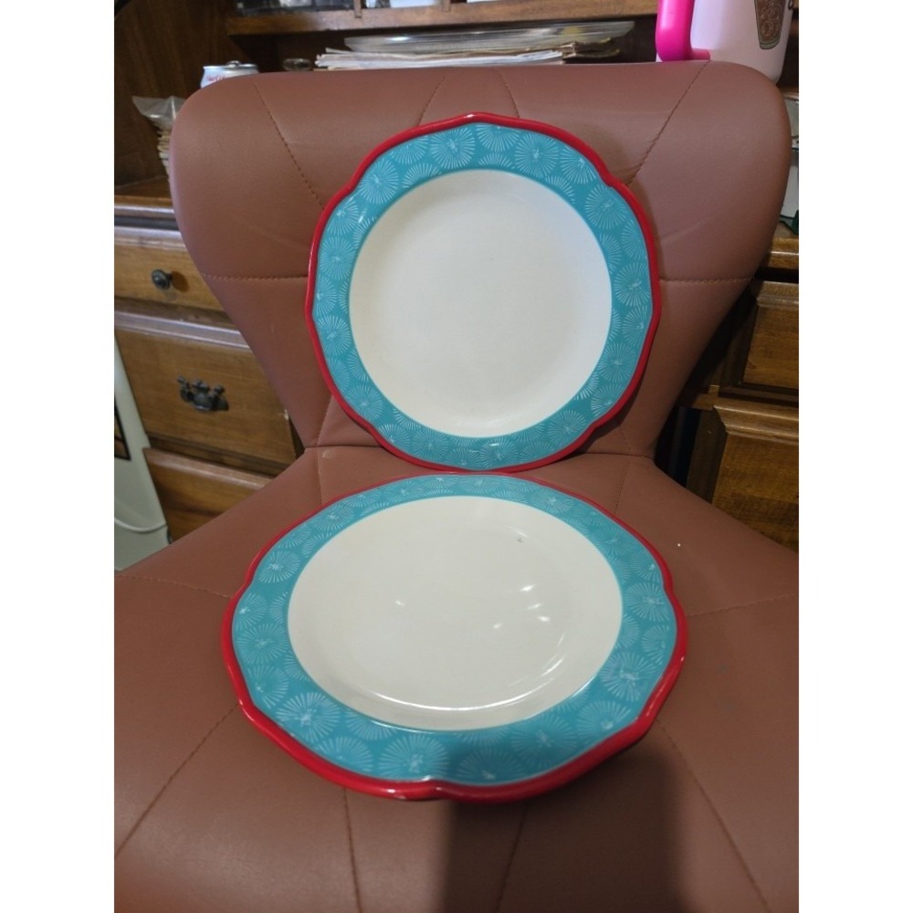 2 Pioneer Woman Happiness Dinner Plate Red Scalloped Rim Turquoise Floral Border